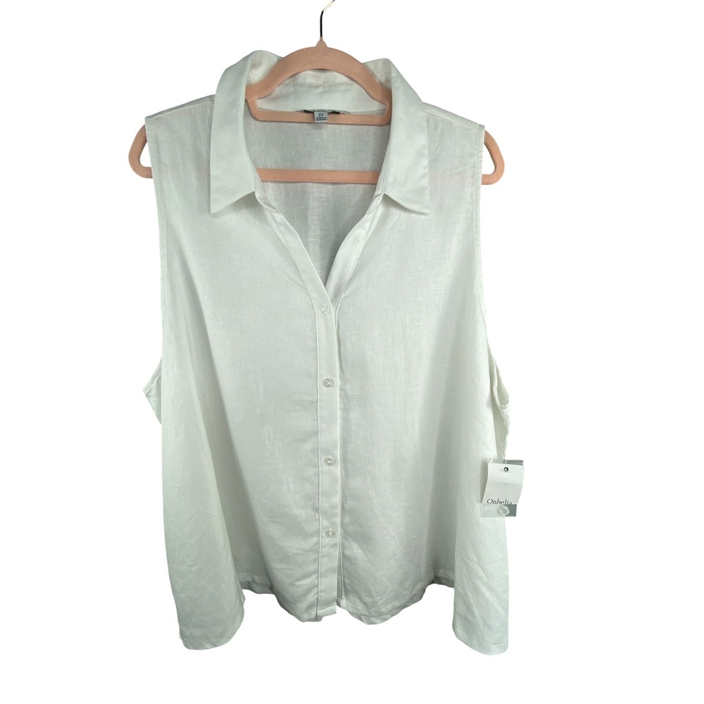Ophelia Roe Women Sleeveless Button Down 2X White Linen Summer Cottagecore